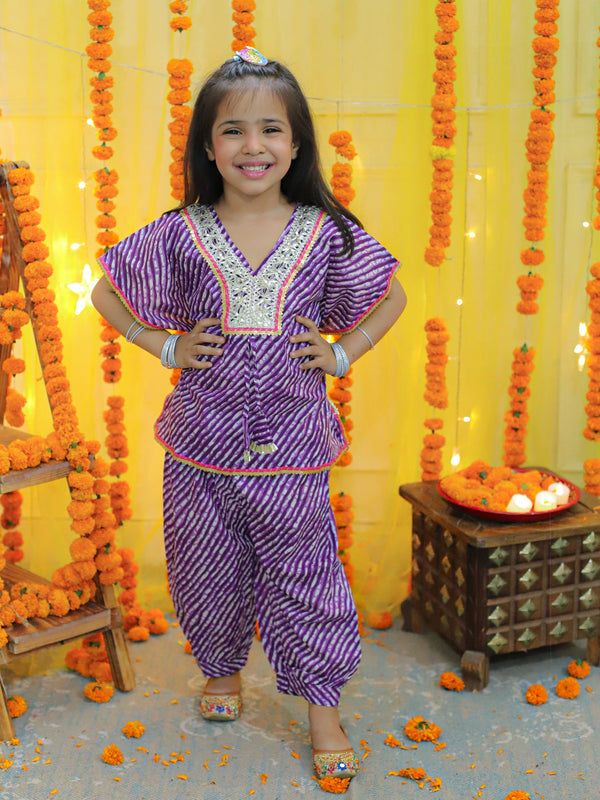 Girls Ethic  Wear Pure Cotton leheriya  printed  Kaftan with Harem Dhoti Pant Co Ords Sets- Purple | WomensfashionFun.com