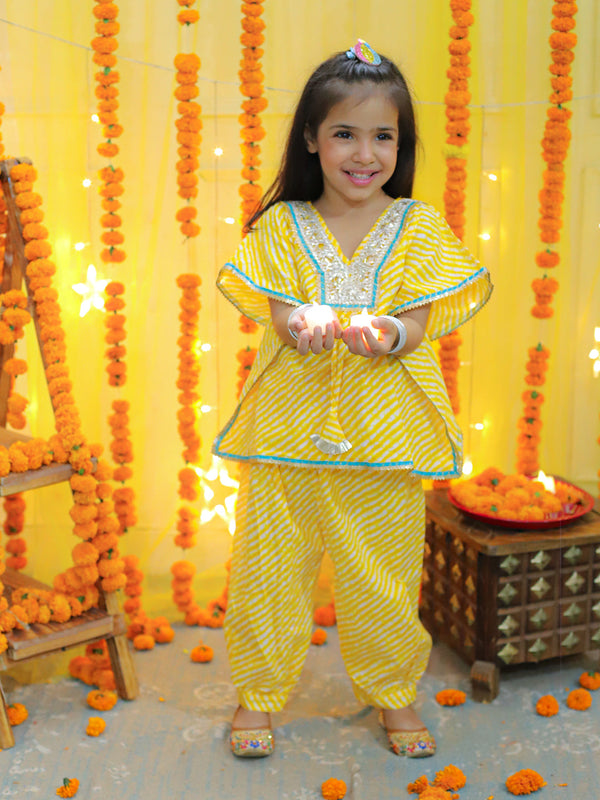 Girls Ethic  Wear Pure Cotton leheriya  printed  Kaftan with Harem Dhoti Pant Co Ords Sets- Yellow | WomensfashionFun.com
