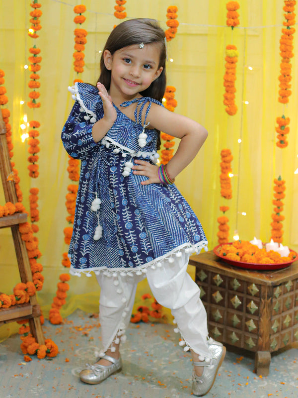 Girls  Pure Cotton Printed One Sleeve Ruffle Kurti with Dhoti- Indo Western Clothing Sets Blue | WomenFashionFun