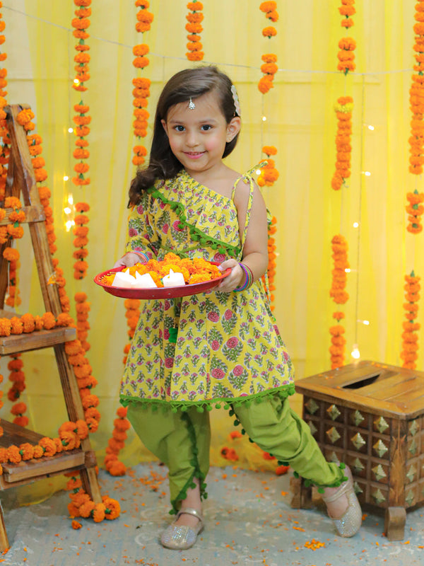 Girls  Pure Cotton Printed One Sleeve Ruffle Kurti with Dhoti- Indo Western Clothing Sets Yellow | WomensfashionFun.com