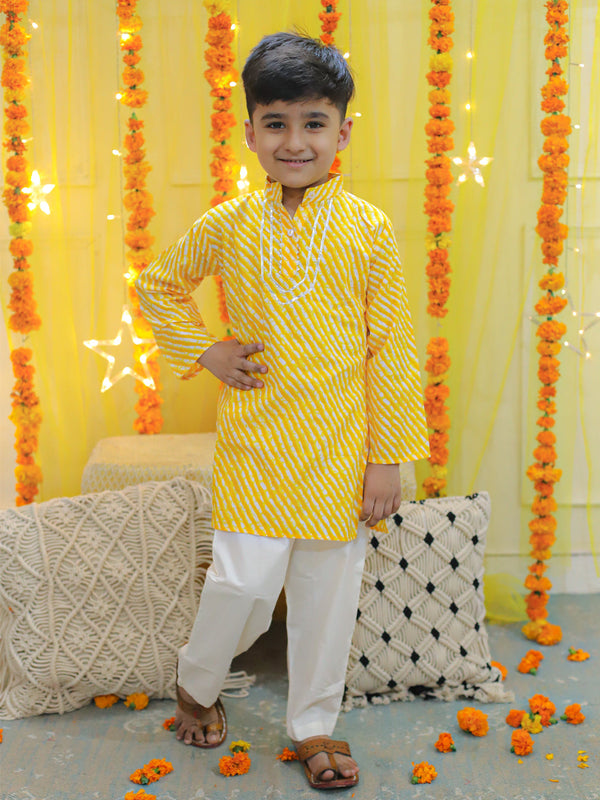 Pure Cotton Printed Leheriya Kurta Pajama for Boys- Yellow | WomenFashionFun