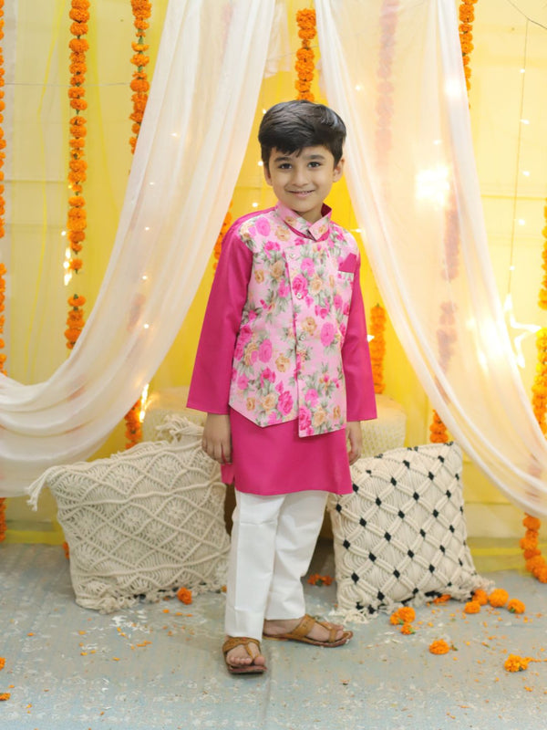 Boys  Ethnic Attached Floral printed Jacket Cotton Kurta Pajama -Pink | WomenFashionFun