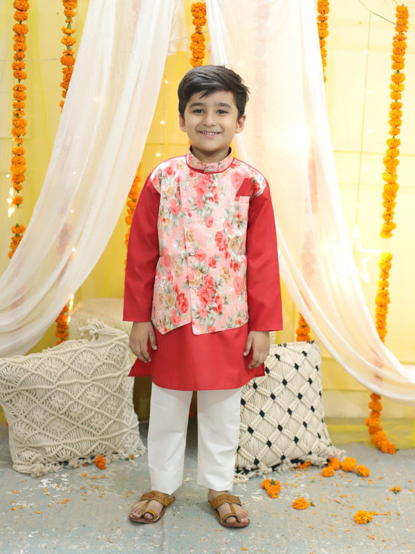 Boys  Ethnic Attached Floral printed Jacket Cotton Kurta Pajama -Red | WomensfashionFun.com