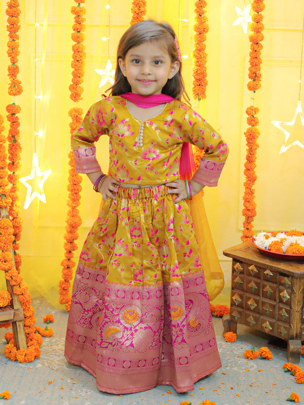 Girls Ethic Traditional Indian Festive  Jacquard Choli Lehenga Choli with Dupatta- Yellow | WomenFashionFun