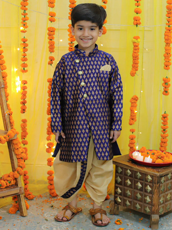 Boys Ethnic Festive Wear Jacquard Full Sleeve Sherwani with Dhoti - Blue | WomensfashionFun.com