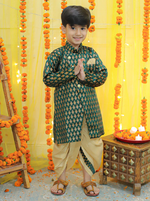 Boys Ethnic Festive Wear Jacquard Full Sleeve Sherwani with Dhoti - Green | WomenFashionFun