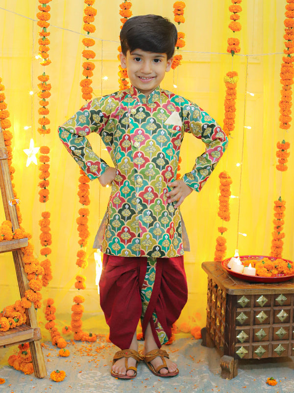 Boys Ethnic Festive Floral Printed Full Sleeve Sherwani with Cotton Dhoti - Multi | WomenFashionFun