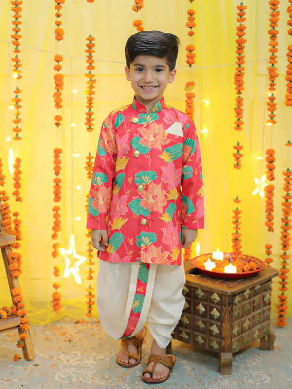 Boys Ethnic Festive Floral Printed Full Sleeve Sherwani with Cotton Dhoti - Pink | WomensfashionFun.com