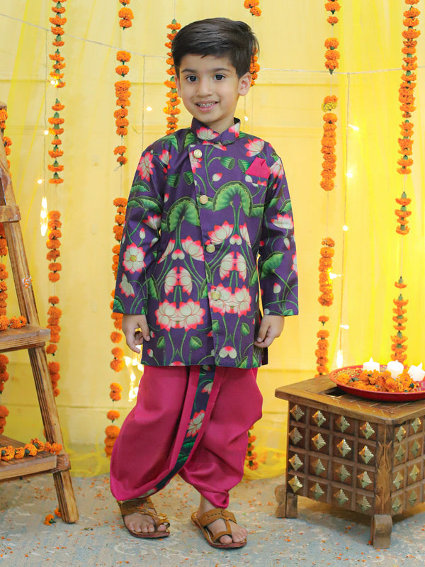 Boys Ethnic Festive Floral Printed Full Sleeve Sherwani with Cotton Dhoti -Purple | WomenFashionFun