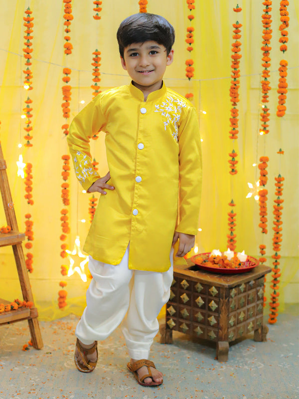 Boys Ethnic  Festive Wear Hand Embroidered Jam Cotton Sherwani Salwar - Yellow | WomenFashionFun