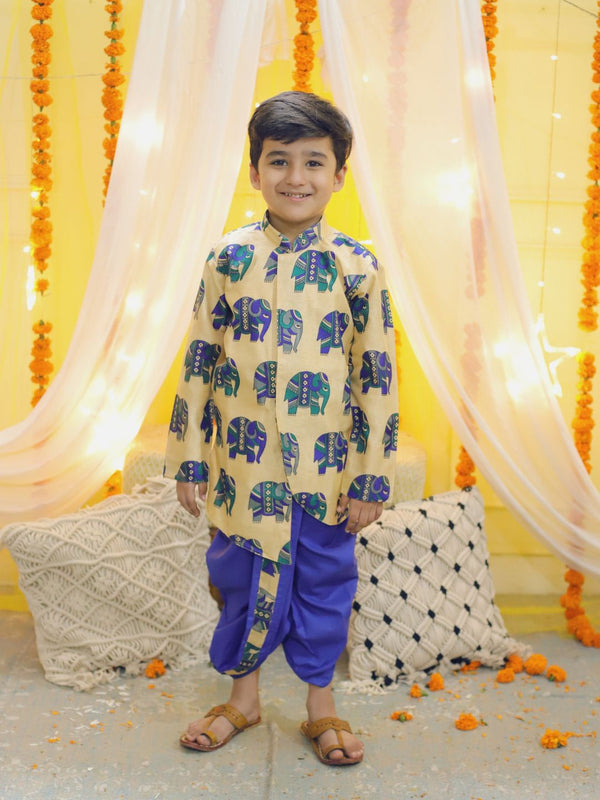 Boys Ethnic Hathi Print Full Sleeve Sherwani - Blue | WomensfashionFun.com