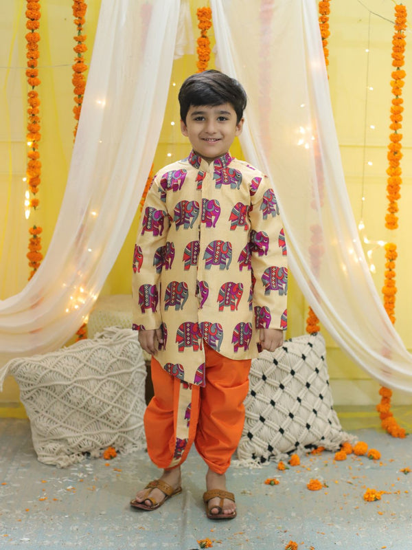 Boys Ethnic Hathi Print Full Sleeve Sherwani - Orange | WomensfashionFun.com
