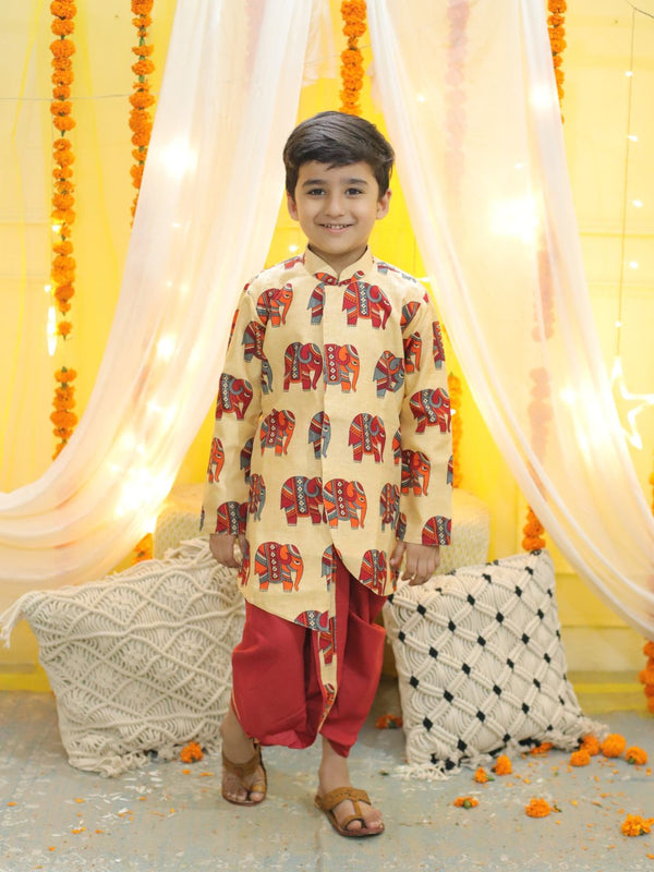 Boys Ethnic Hathi Print Full Sleeve Sherwani - Red | WomensfashionFun.com