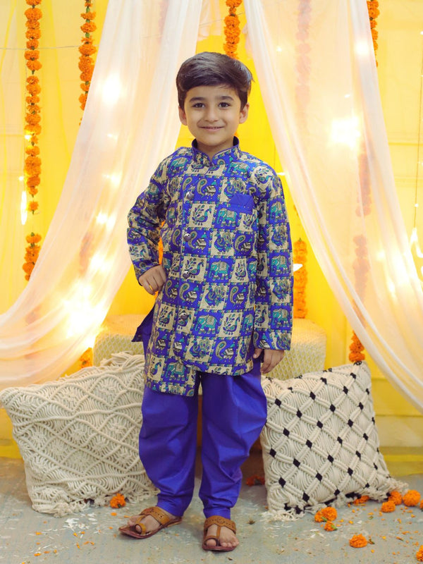 Boys Ethnic Mor Print Full Sleeve Sherwani with Salwar - Blue | WomenFashionFun
