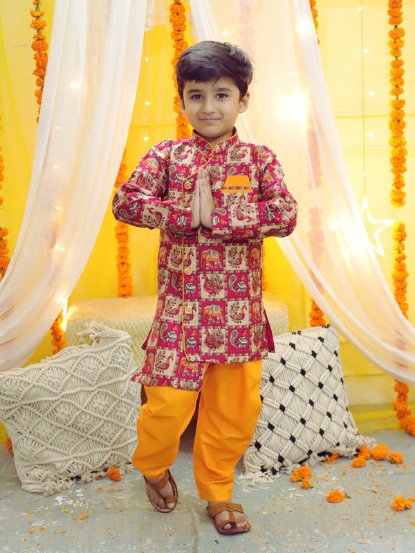 Boys Ethnic Mor Print Full Sleeve Sherwani with Salwar - Pink | WomensfashionFun.com