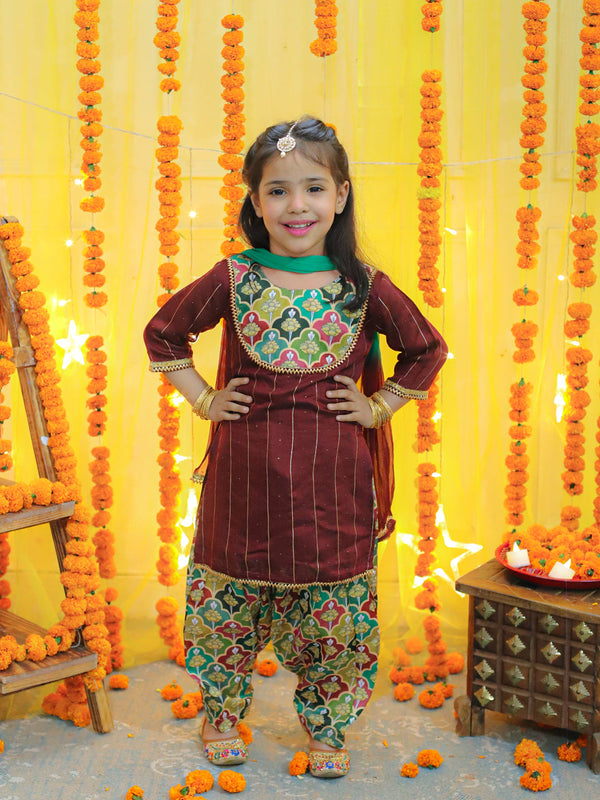 Girls Ethic Traditional  Indian Festive Chanderi Kurta with Printed Salwar and Dupatta - Maroon | WomenFashionFun