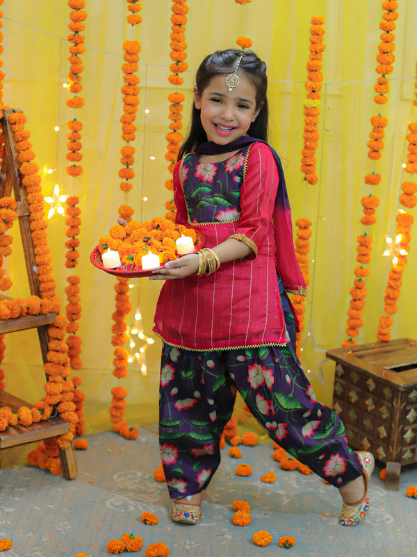 Girls Ethic Traditional  Indian Festive Chanderi Kurta with Printed Salwar and Dupatta - Pink | WomensfashionFun.com