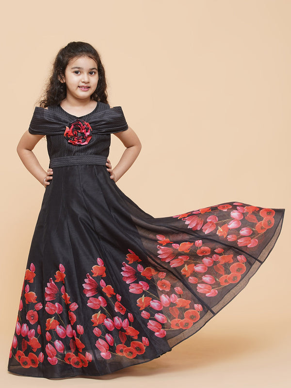 Girls Black Chnaderi Tulip Digital Print Fit & Flared Dress | WomensfashionFun.com