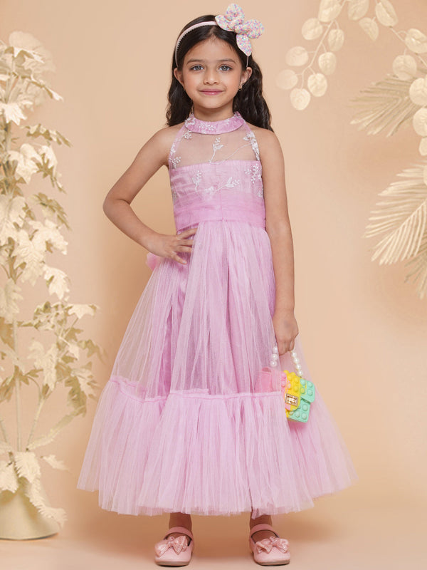 Girls Pink Net Floral Embroidered Gown | womensfashionfun