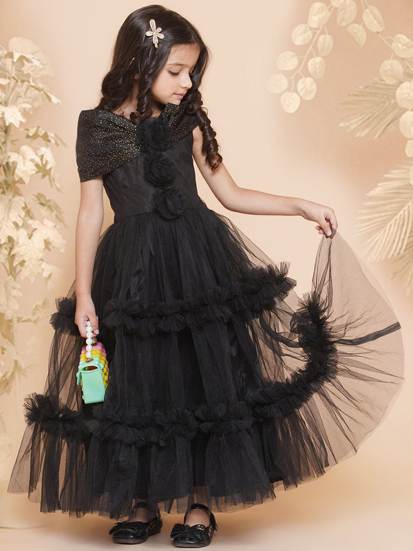 Girls Black Net Embellished Fit & Flared Maxi Dress. | WomensfashionFun.com