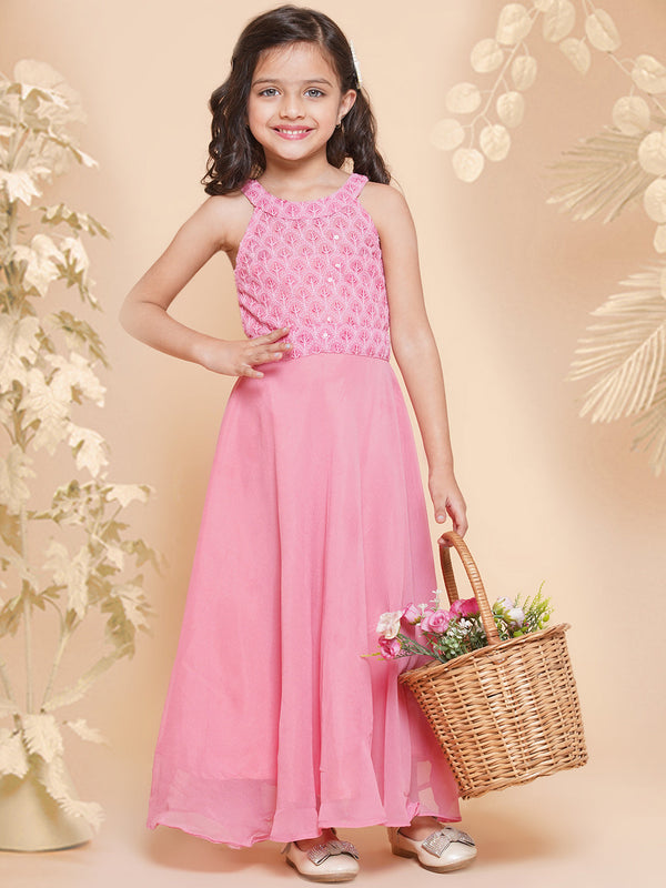 Girls Pink Embroidered Sequence Yoke Fit & Flared Maxi Dress. | WomensfashionFun.com