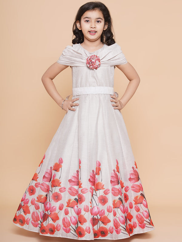Girls Off White Flower Digital Printed Fit & Flared Maxi Dress. | WomensfashionFun.com