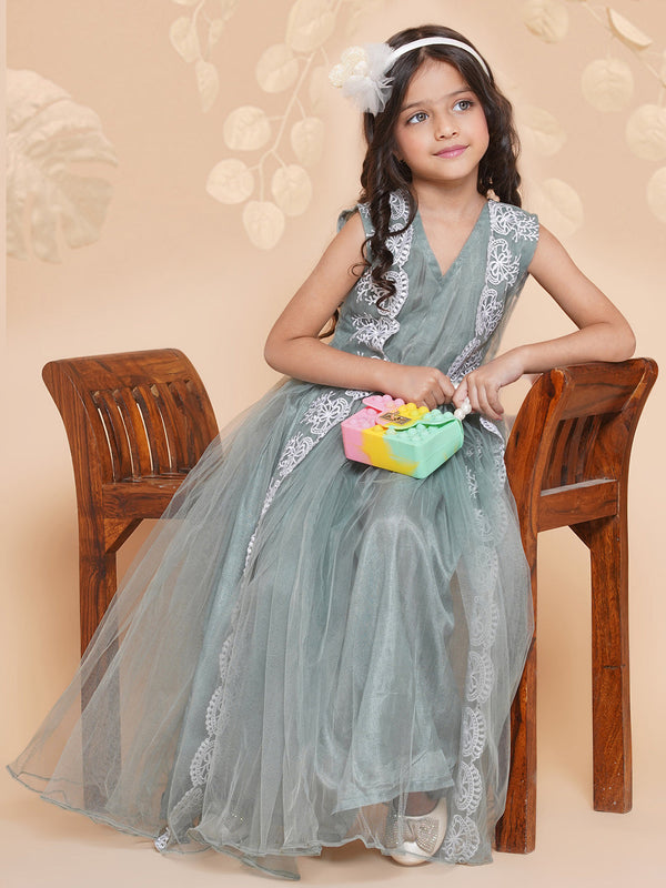 Girls Green Net Embroidered Fit & Flare Gown. | WomensfashionFun.com