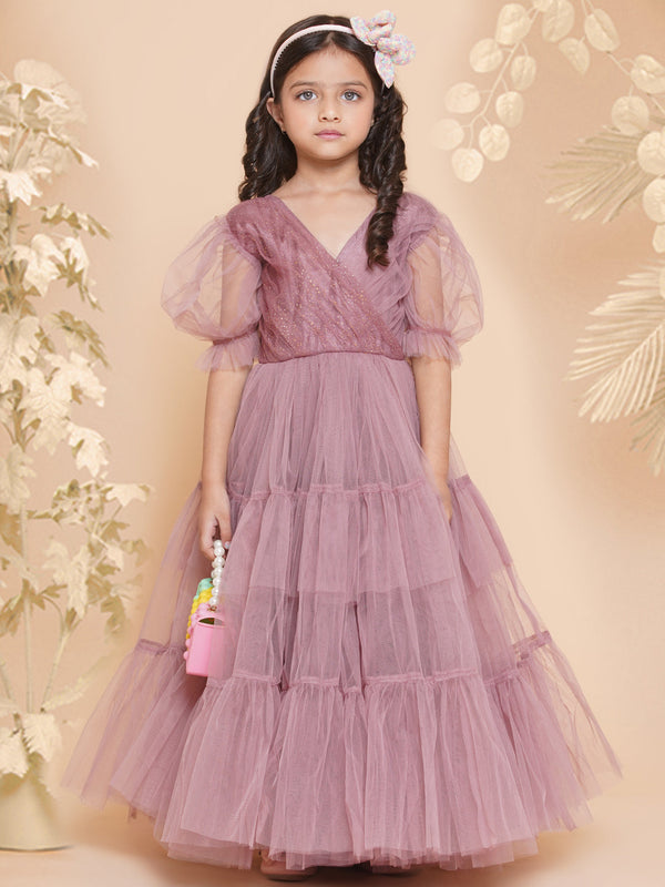 Girls Onion Pink Net Embellished Fit & Flared Maxi Dress. | WomensfashionFun.com