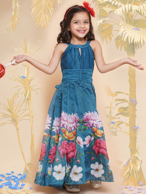 Girls Blue Flower Digital Printed Fit & Flared Maxi Dress. | WomensfashionFun.com