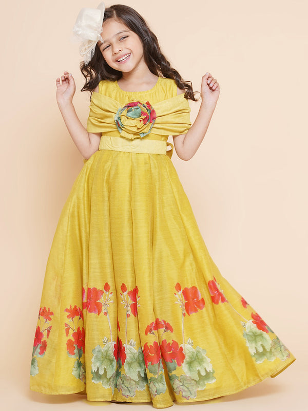 Girls Yellow Floral Printed Dress | womensfashionfun