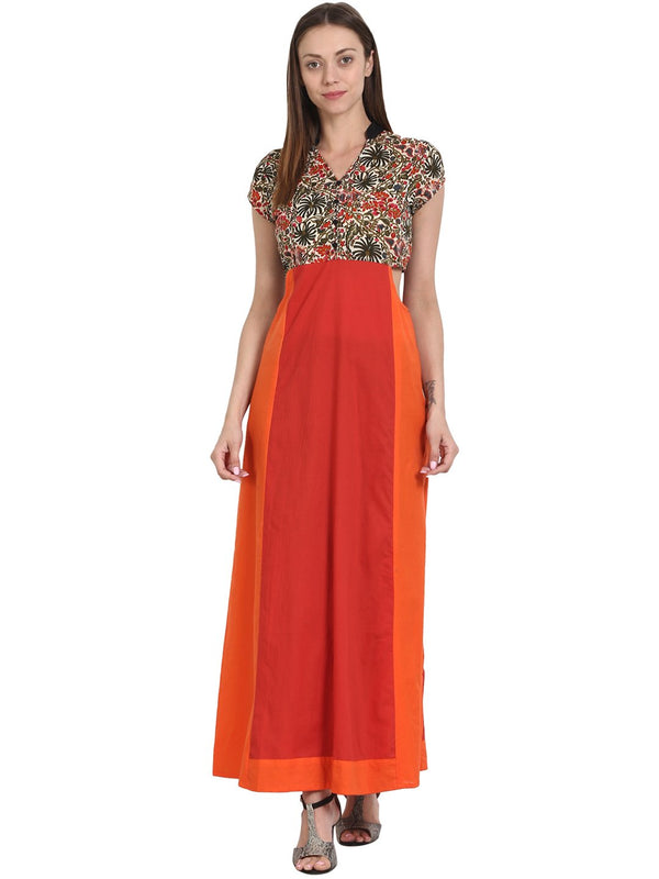 Women Orange printed cap sleeve long cotton kurta | WOMENSFASHIONFUN