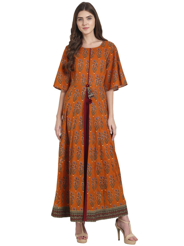 Women Orange printed half sleeve cotton Anarkali kurta | WOMENSFASHIONFUN