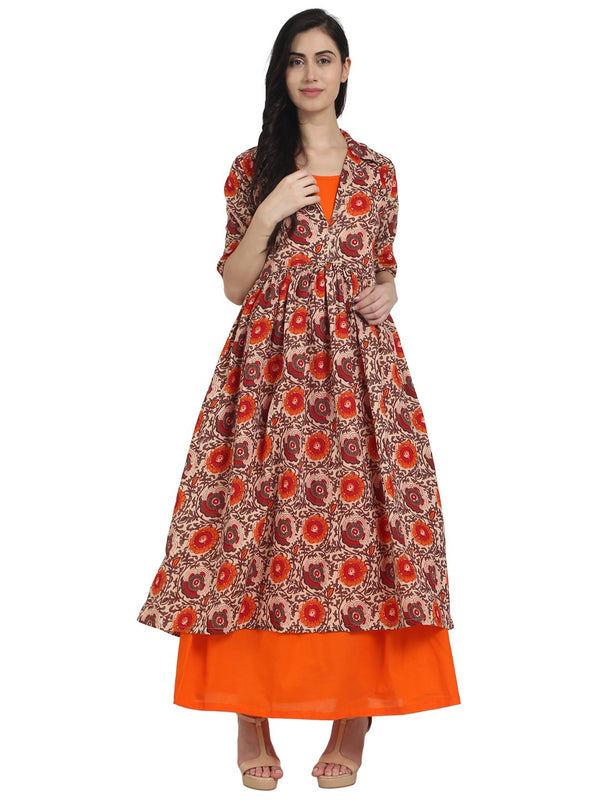 Women Orange printed half sleeve cotton double layer anarkali kurta | WOMENSFASHIONFUN