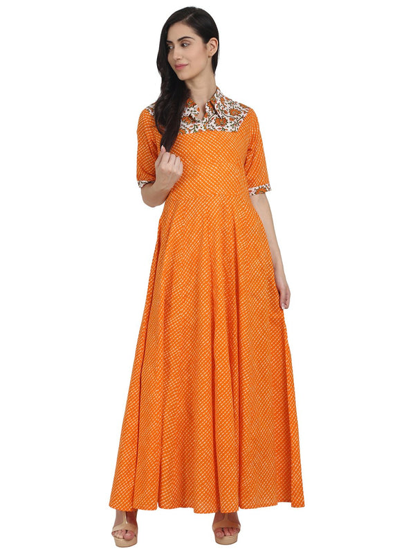 Women Orange printed half sleeve cotton floor length anarkali kurta | WOMENSFASHIONFUN