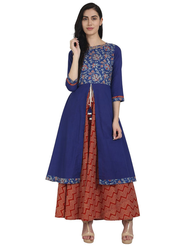 Women Blue & red printed cotton 3/4th sleeve double layer kurta | womensFashionFun.com