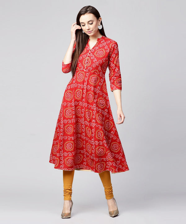 Red 3/4th sleeve cotton anarkali kurta | WOMENSFASHIONFUN