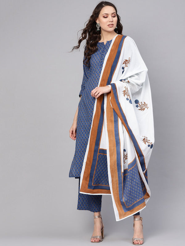 Women Blue & White Printed Kurta with Trousers & Dupatta | womensFashionFun.com