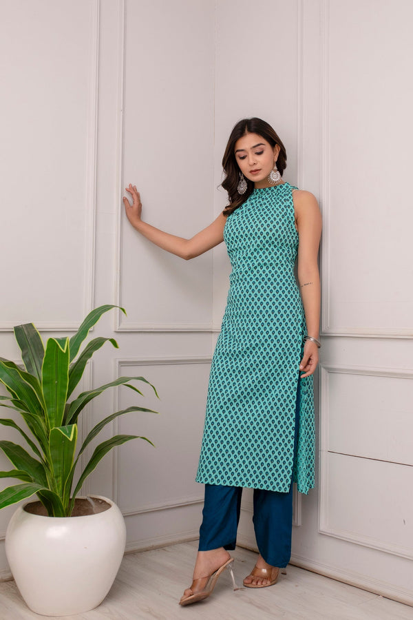Women Women Green Printed high slit sleeveless cotton kurta | WomensFashionFun