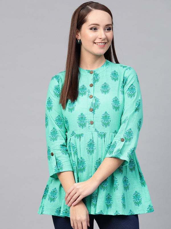 Women Blue & Green Cotton Printed Mandarin Collar Tunic | WOMENSFASHIONFUN