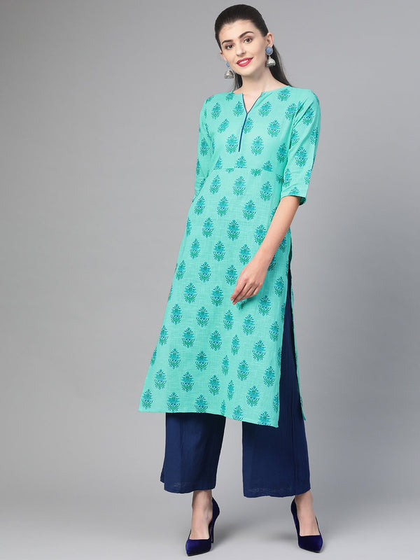 Women Blue & Green Cotton Straight Floral Printed Kurta | WOMENSFASHIONFUN