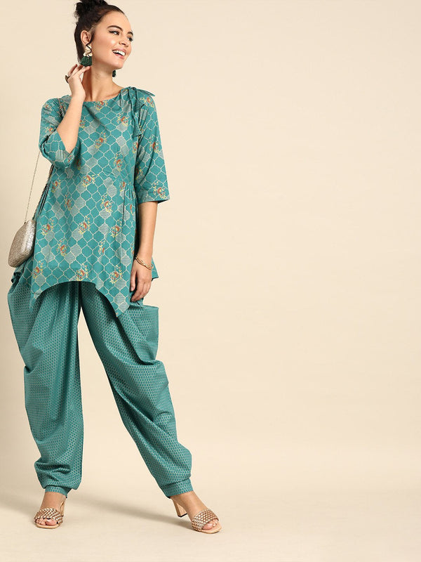 Women Firozi Three-Quarter Sleeves Asymmetric Peplum Kurta with Dhoti Pants | WOMENSFASHIONFUN