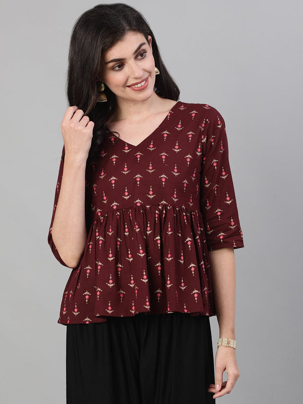 Women Wine Elbow Sleeves Printed A line Top with Face Mask | womensFashionFun.com