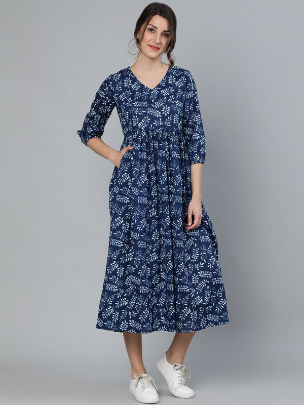 Women Indigo Blue Printed Dress With Three Quarter Sleeves | womensFashionFun.com