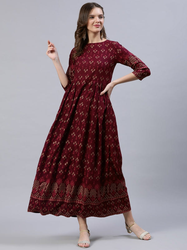 Women Burgundy Printed Dress With Three Quarter Sleeves | womensFashionFun.com