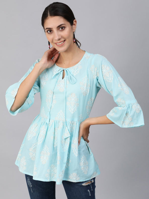 Women Blue & Gold Printed Top With Three Quarter Flared Sleeves | WOMENSFASHIONFUN