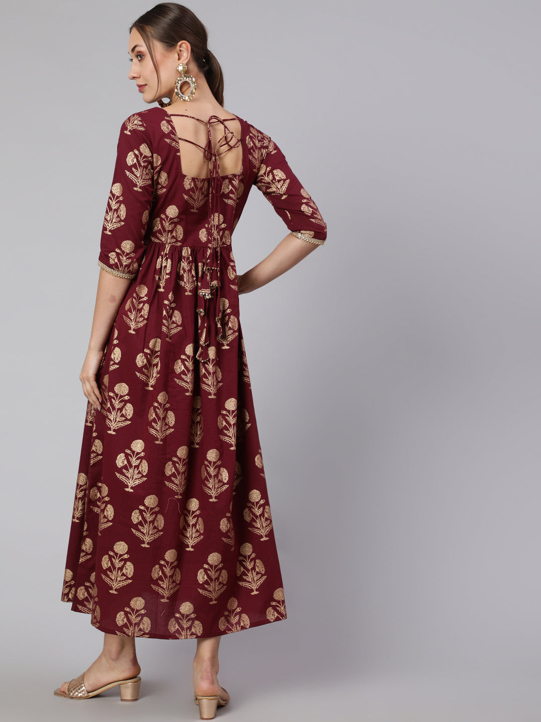 Wome Burgundy Printed Flared Dress With Three quarter Sleeves