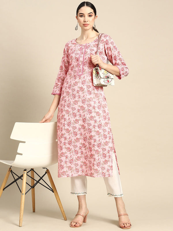 Women Pink Floral printed Kurta With Three Quarter Sleeves | WOMENSFASHIONFUN