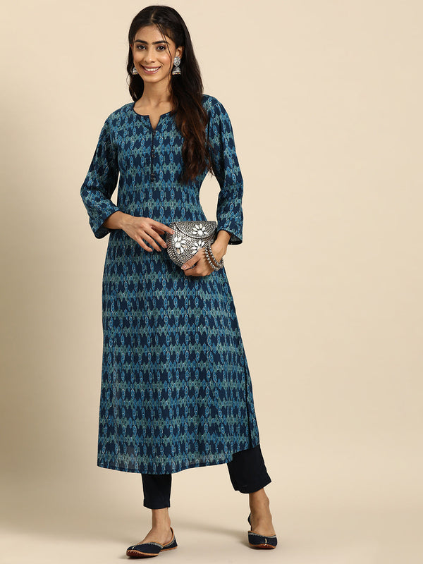 Women Blue Ethnic Printed Straight Kurta with Three Quarter Sleeves | WOMENSFASHIONFUN