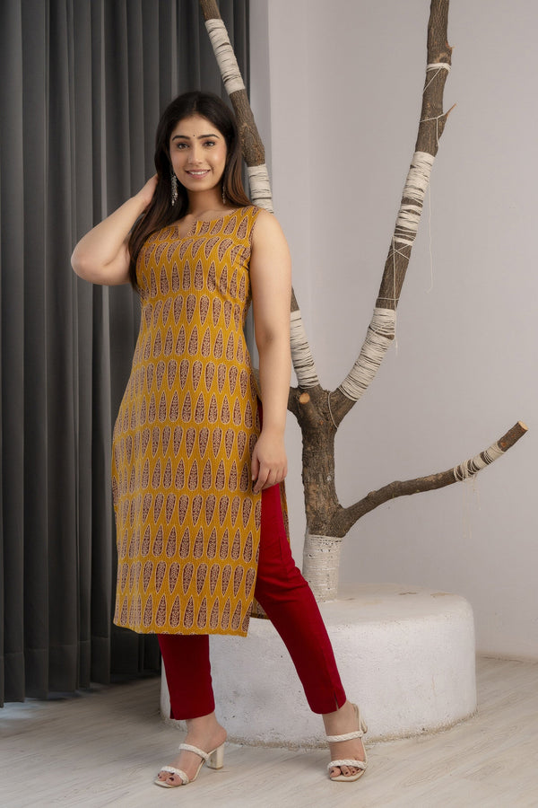 Women Women Mustrad Printed Straight Sleeveless Kurta | WomensFashionFun