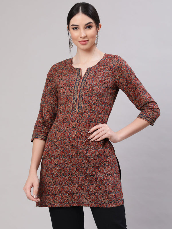 Women Multi Color Printed Straight Tunic With Three Quarter Sleeves | WOMENSFASHIONFUN